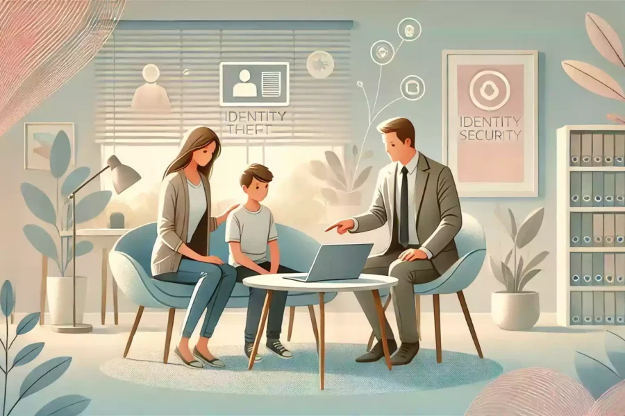 Famille consultant un professionnel dans un bureau moderne sur les démarches à suivre en cas d'usurpation d'identité.
