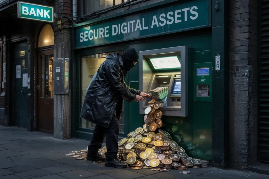 Distributeur crypto piraté devant une fausse banque