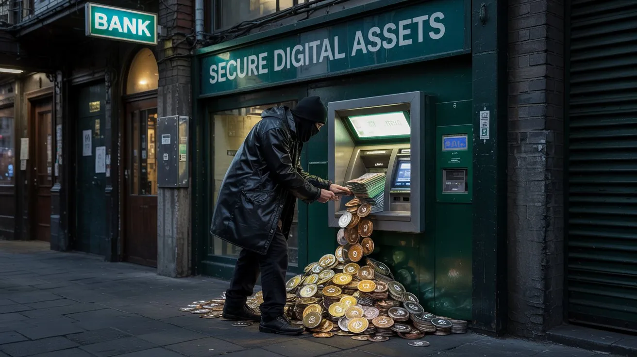Distributeur crypto piraté devant une fausse banque
