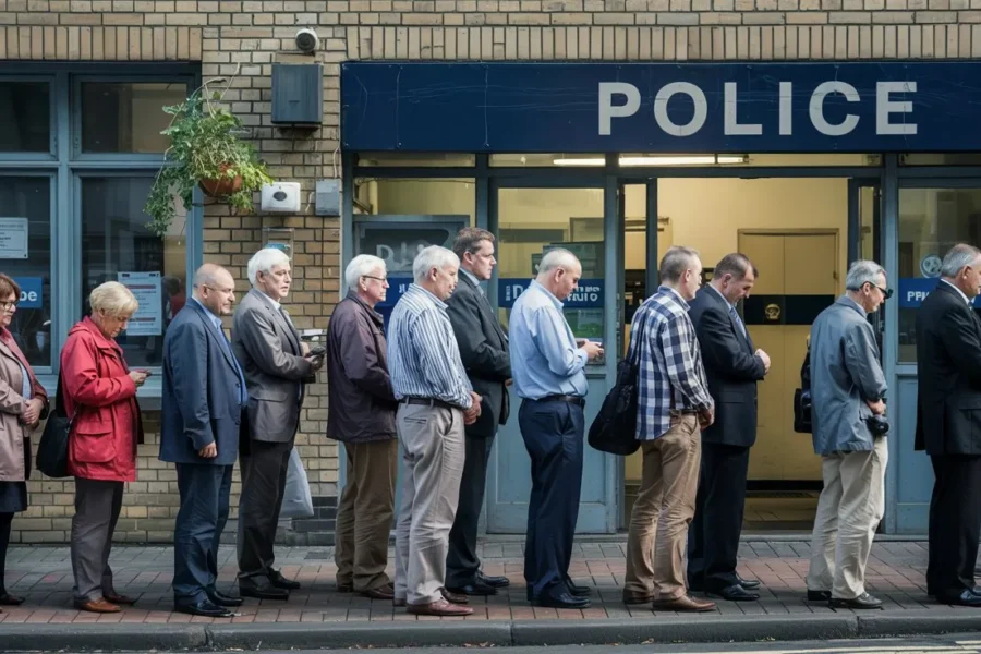 personnes font la queue commissariat